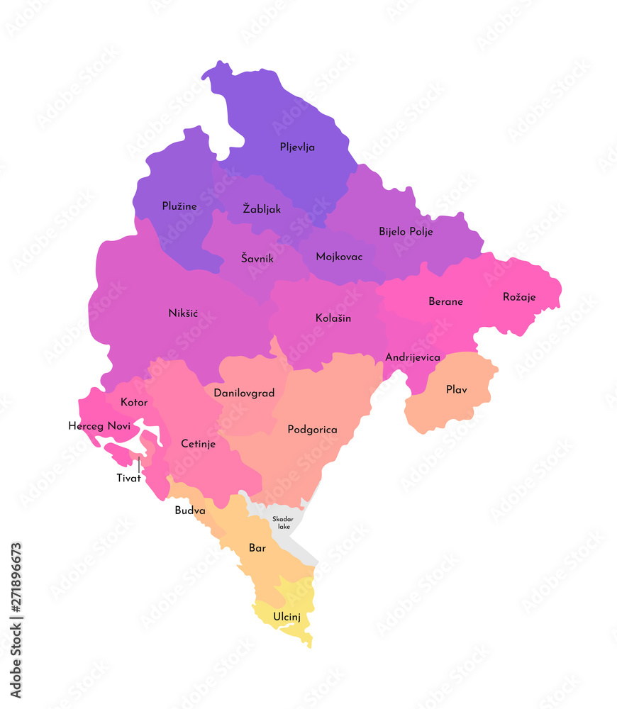 Vector isolated illustration of simplified administrative map of Montenegro. Borders and names of the regions. Multi colored silhouettes