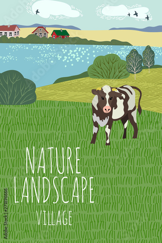 Freehand drawing of a summer day in the village. Cute vertical vector illustration of a rural landscape with cow, trees, lake and grass.