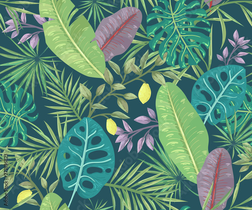 Seamless pattern with palm leaves and exotic plants