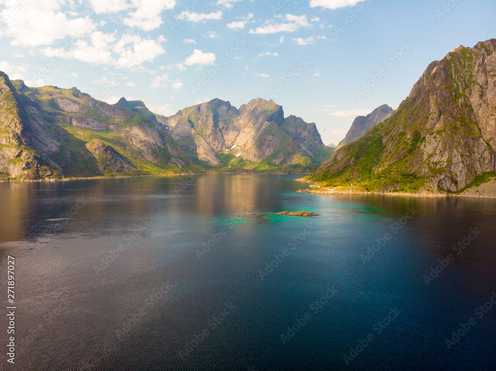 Fjord and mountains landscape. Lofoten islands Norway