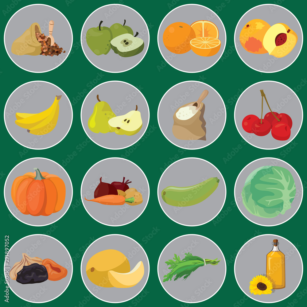 Vegetables, fruits, berries, cereals, oil Vegetables, fruits, berries, cereals, oil