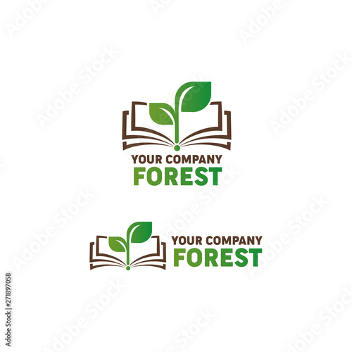 Logo open book and green sprout. Symbol of knowledge, ecology, forest. Vector logo for your company.