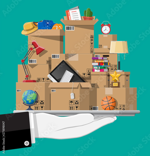 Moving to new house. Family relocated to new home. Paper cardboard boxes with various household thing. Package for transportation. Computer, lamp, clothes, books. Vector illustration in flat style
