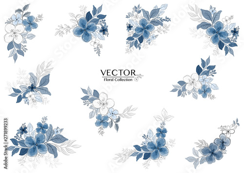 Fototapeta Naklejka Na Ścianę i Meble -  Set of beautiful blue watercolor florals branch