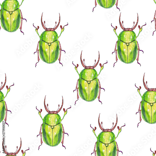 Raster colored illustration with seamless pattern of green may bugs. Bright tracery can be used as wrapping paper, fabric pattern.
