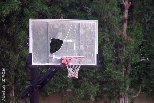 Picture of a broken basket backboard due to low quality. Urban sport installation needed to be replaced.