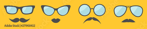 Glasses and mustache lips moustaches face icon set line. Sunglasses collection. Flat design. Man woman male female sign symbol. Isolated. Yellow background.