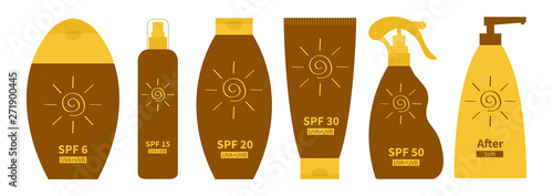 Tube of suntan oil cream icon. After sun lotion. Bottle set line. Solar defence. SPF 6 15 20 30 50 sun protection factor. UVA UVB sunscreen. White background. Flat design.