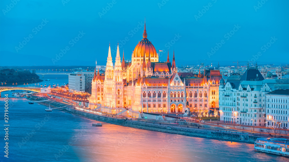 Hungarian parliament in Budapest at twilight blue hour - Budapest, Hungary