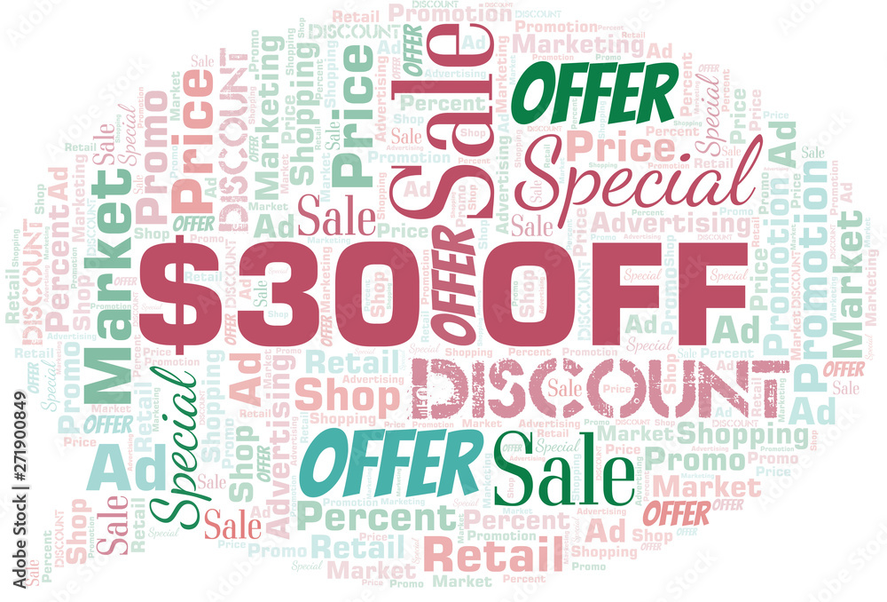 $30 Off word cloud. Wordcloud made with text only. $30 Off word cloud. Wordcloud made with text only.