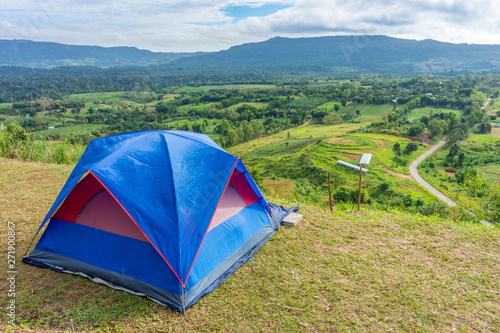 Camping on the hill with tent at Khao Ta-Khian Ngo Viewpoint. The location in Khao Kho District  Phetchabun  Thailand  Southeast Asia.