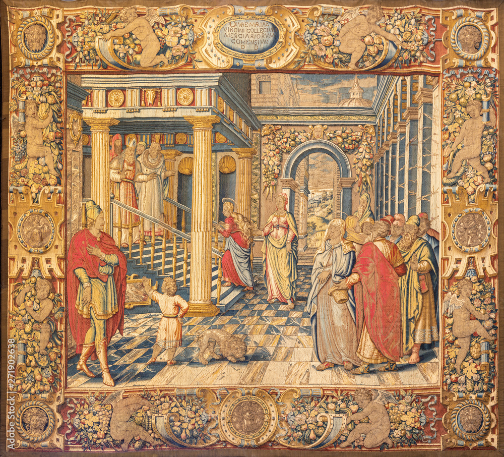 COMO, ITALY - MAY 8, 2015: The tapestry of Presentation of Virin Mary in in the Temple in Cathedral (Duomo di Conmo) from 16. cent.
