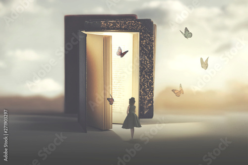 poetic encounter between a woman and butterflies coming out of a book
