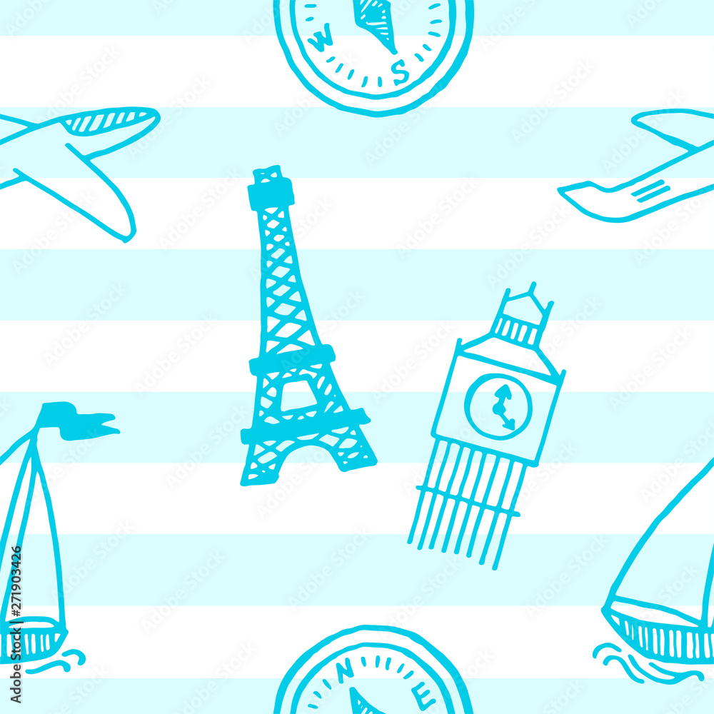 Travel, journey theme. Seamless pattern. Summer vacation. Vector illustration. Colorful background. Texture.