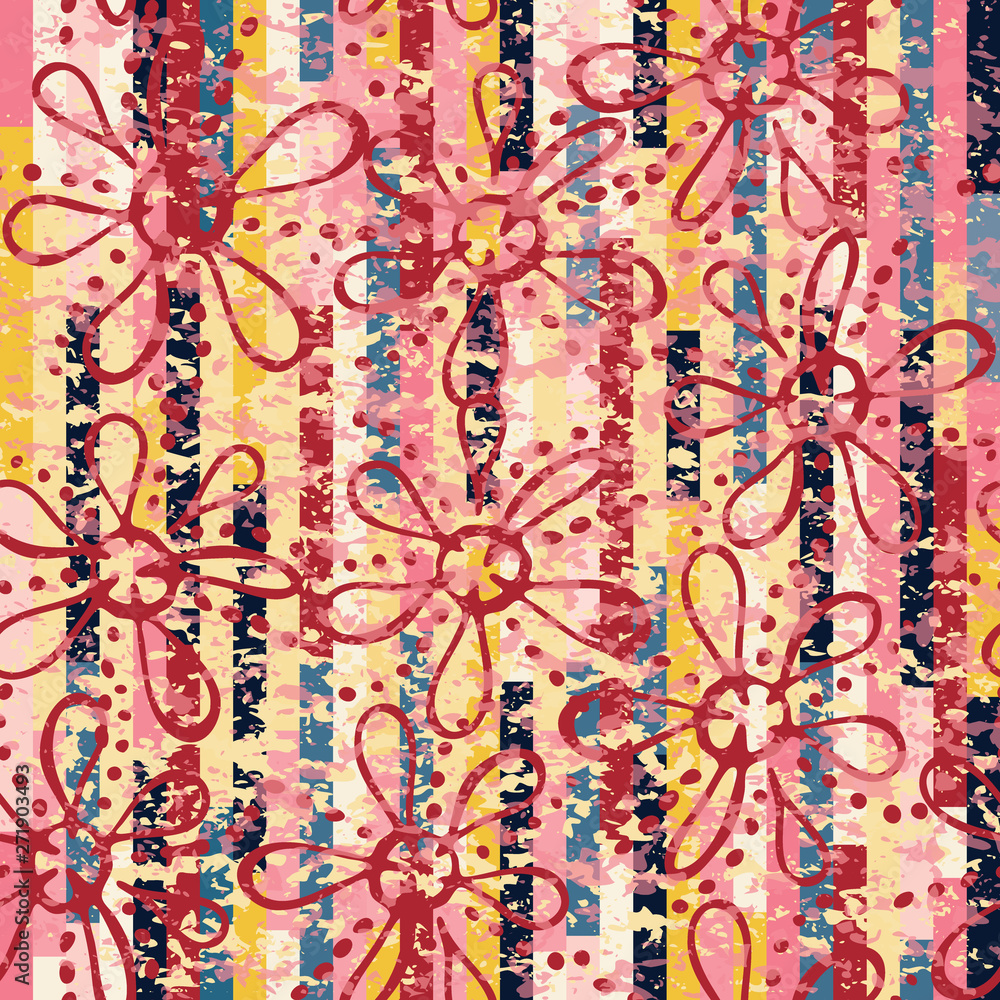 Fototapeta premium Flowers and stripes abstract seamless pattern, colorful background