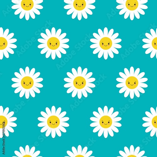 Seamless pattern with smiley daisies. Fun and cute texture with cartoon chamomile.