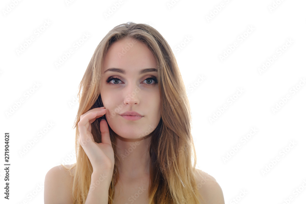 Photograph of a portrait of a beautiful fashionable beauty woman girl with long dark flowing hair, isolate on a white background. She is standing in different poses and smiling. Photograph of a portrait of a beautiful fashionable beauty woman girl with long dark flowing hair, isolate on a white background. She is standing in different poses and smiling.