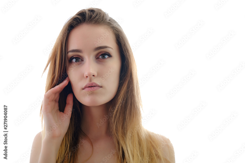 Photograph of a portrait of a beautiful fashionable beauty woman girl with long dark flowing hair, isolate on a white background. She is standing in different poses and smiling. Photograph of a portrait of a beautiful fashionable beauty woman girl with long dark flowing hair, isolate on a white background. She is standing in different poses and smiling.