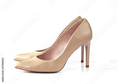 Beige pearl woman heels isolated on white background