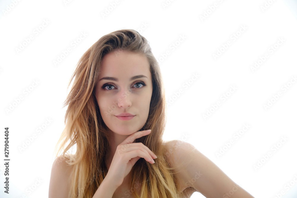 Photograph of a portrait of a beautiful fashionable beauty woman girl with long dark flowing hair, isolate on a white background. She is standing in different poses and smiling. Photograph of a portrait of a beautiful fashionable beauty woman girl with long dark flowing hair, isolate on a white background. She is standing in different poses and smiling.