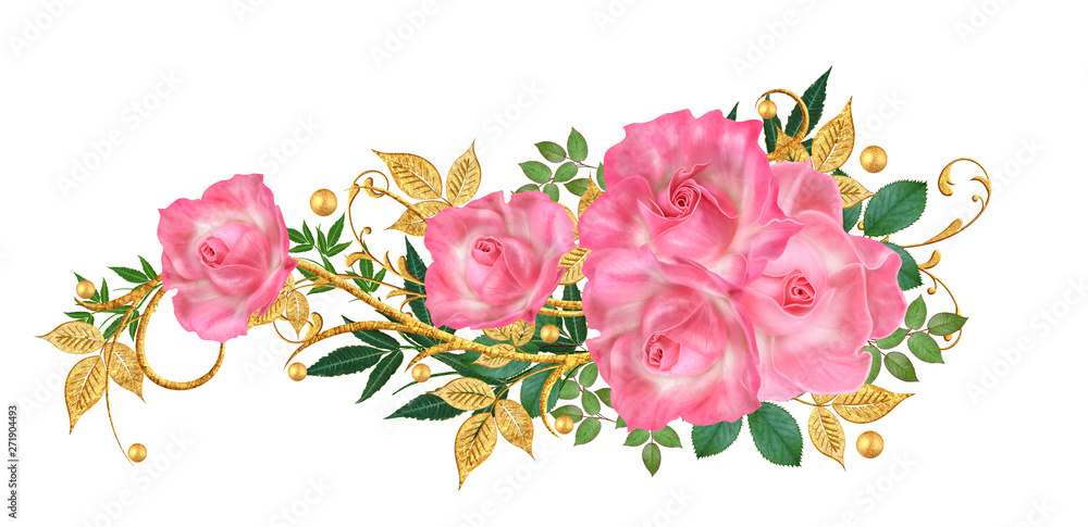 Decorative corner vignette. Golden curl, glittering leaves, flowers, pink roses. Isolated on white background.
