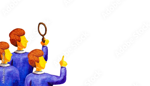Teamwork concept. Three businessmen looks at the copy space and  trying to find the answer, ideas,solutions.One is holding a magnifying glass,another pointing gesture,the third is watching. Watercolor