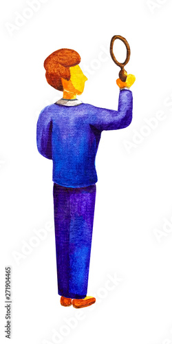 Young male businessman seeker detective in a blue business suit holding a magnifying glass, stands rear. He is searching and looking  for answers,  results, examines. Watercolor. Business concept.
