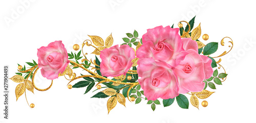 Decorative corner vignette. Golden curl, glittering leaves, flowers, pink roses. Isolated on white background. © sokolova_sv