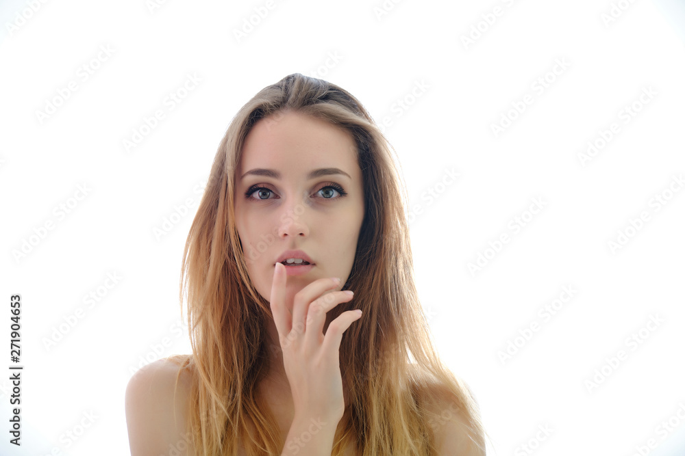 Photograph of a portrait of a beautiful fashionable beauty woman girl with long dark flowing hair, isolate on a white background. She is standing in different poses and smiling. Photograph of a portrait of a beautiful fashionable beauty woman girl with long dark flowing hair, isolate on a white background. She is standing in different poses and smiling.