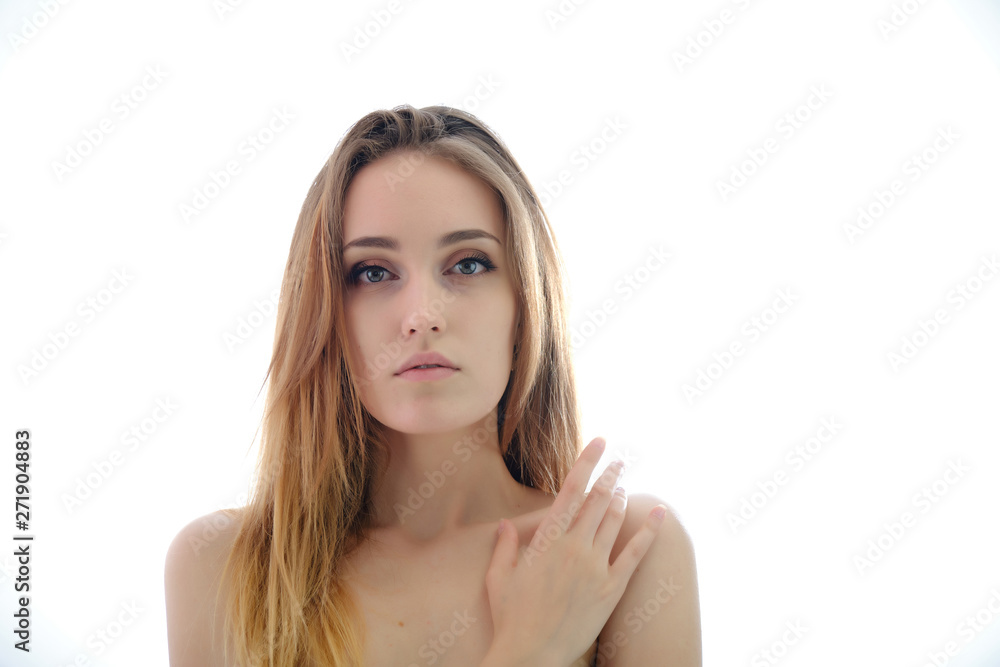 Photograph of a portrait of a beautiful fashionable beauty woman girl with long dark flowing hair, isolate on a white background. She is standing in different poses and smiling. Photograph of a portrait of a beautiful fashionable beauty woman girl with long dark flowing hair, isolate on a white background. She is standing in different poses and smiling.