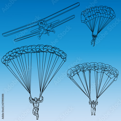 set of black silhouettes of flying parachutists and airplane isolated on blue background