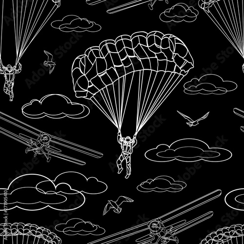 contrast seamless pattern of contour white figures of parachutists, sports aircraft,  birds and clouds on black background