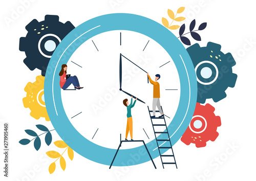 Vector illustration, round clock on white background, time management concept