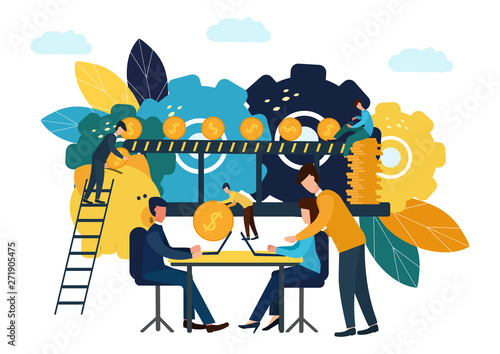 Vector flat illustration, big piggy bank on white background, financial services, bankers do the work, hoard or save money, increase knowledge.