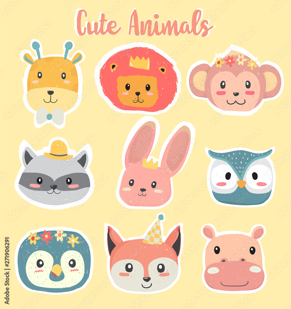 cute hand drawing wild animal head clip art icon in pastel color collection flat vector cute hand drawing wild animal head clip art icon in pastel color collection flat vector
