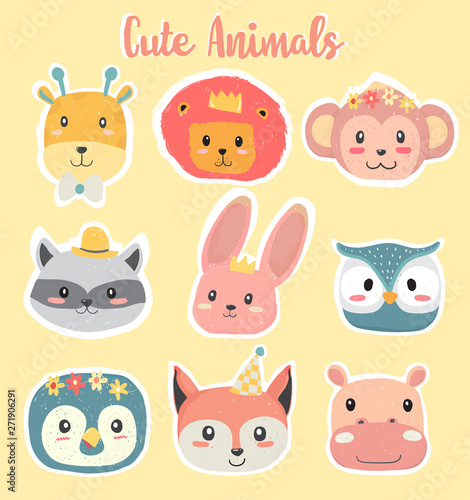 cute hand drawing wild animal head clip art icon in pastel color collection flat vector