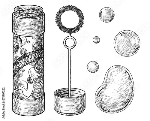 Bottle of soap bubbles illustration, drawing, engraving, ink, line art, vector