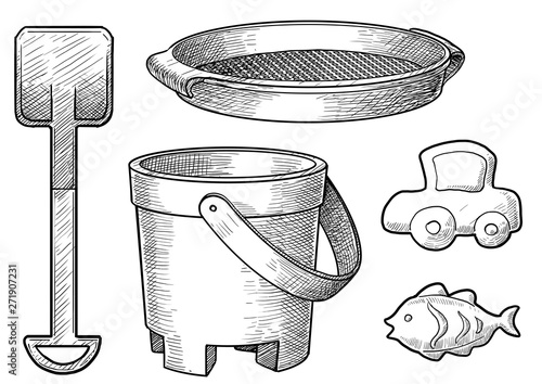 Beach sand toy illustration, drawing, engraving, ink, line art, vector