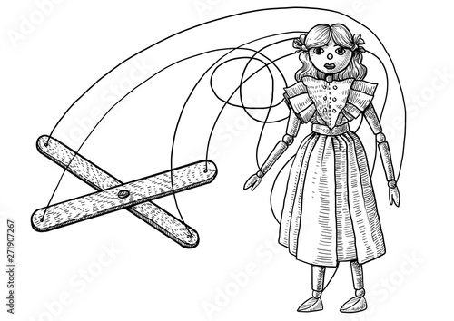 Marionette puppet illustration, drawing, engraving, ink, line art, vector