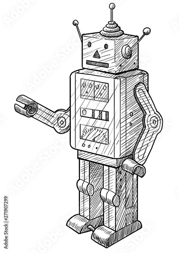 Toy robot illustration, drawing, engraving, ink, line art, vector