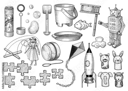 Toy collection illustration, drawing, engraving, ink, line art, vector