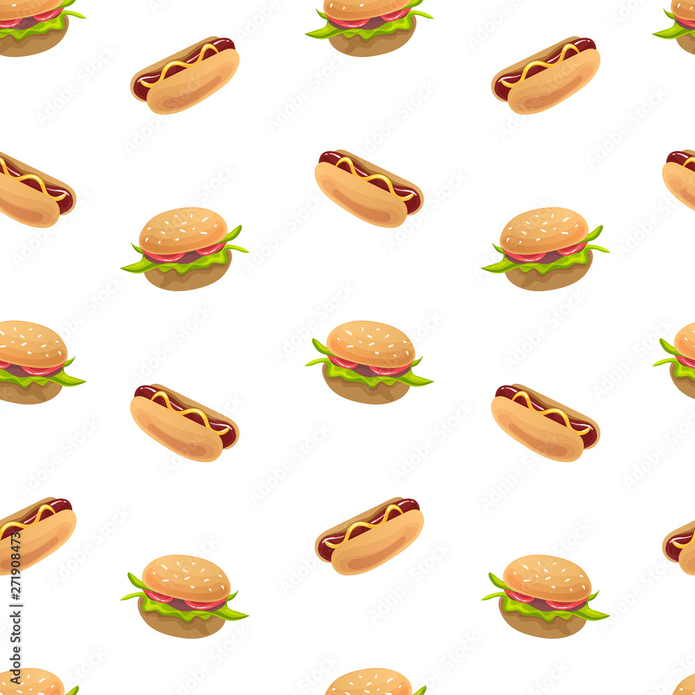 Seamless pattern with burgers and hot dogs. Flat style vector illustration on white background Seamless pattern with burgers and hot dogs. Flat style vector illustration on white background