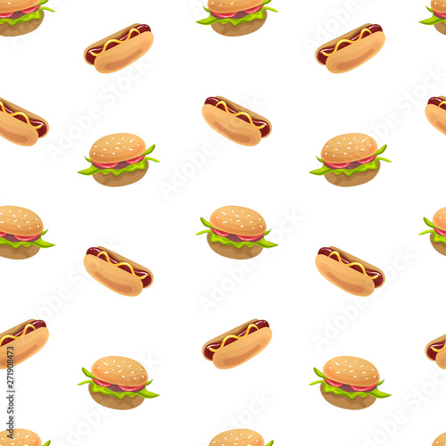 Seamless pattern with burgers and hot dogs. Flat style vector illustration on white background