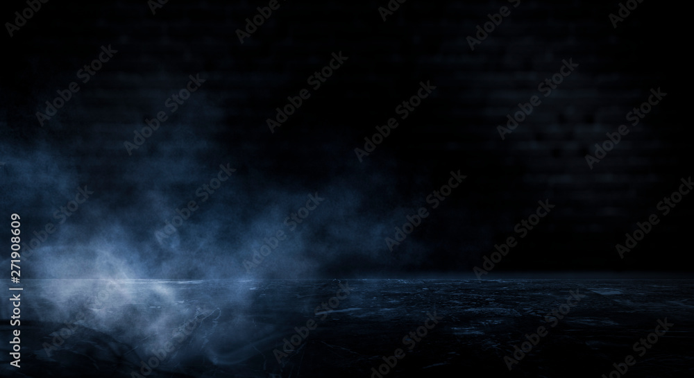 Dark empty scene, blue neon searchlight light, wet asphalt, smoke, night view, rays. Empty black studio room. Dark background. Abstract dark empty studio room texture.  Product showcase spotlight back