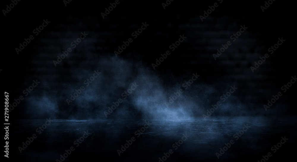 Dark empty scene, blue neon searchlight light, wet asphalt, smoke, night view, rays. Empty black studio room. Dark background. Abstract dark empty studio room texture.  Product showcase spotlight back