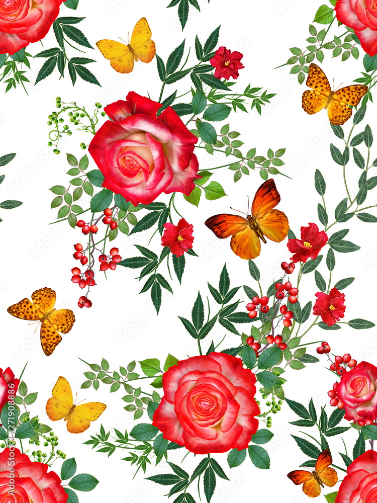 Floral seamless pattern. Red large roses, green leaves, yellow flowers, butterfly.