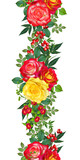 Floral seamless pattern. Red large roses, green leaves, yellow flowers