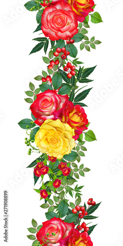 Fototapeta Naklejka Na Ścianę i Meble -  Floral seamless pattern. Red large roses, green leaves, yellow flowers