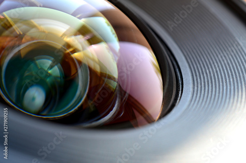 Photo Camera lens close up macro view. Concept of photographer or camera man job