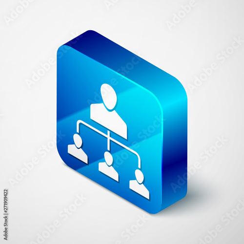 Isometric Referral marketing icon isolated on white background. Network marketing, business partnership, referral program strategy. Blue square button. Vector Illustration